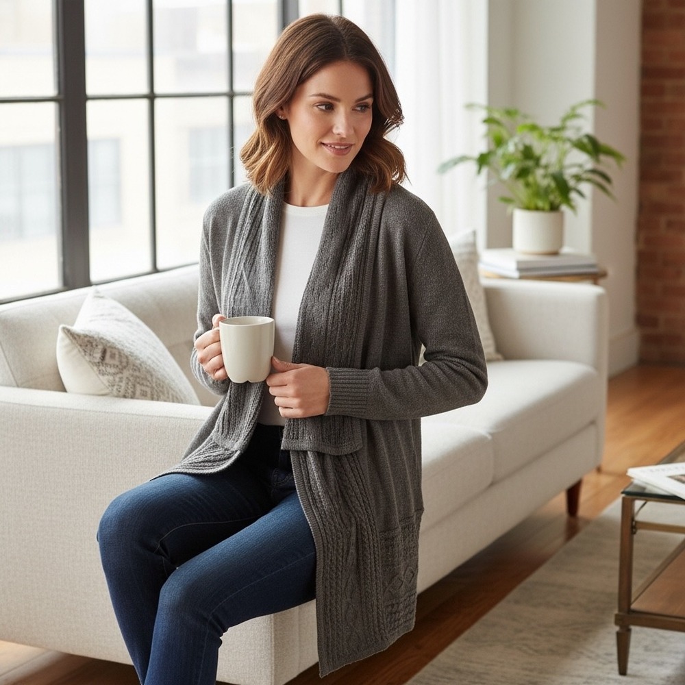 IZ Byer Womens Charcoal Gray Cable Knit Open Front Shawl Collar Cardigan Small